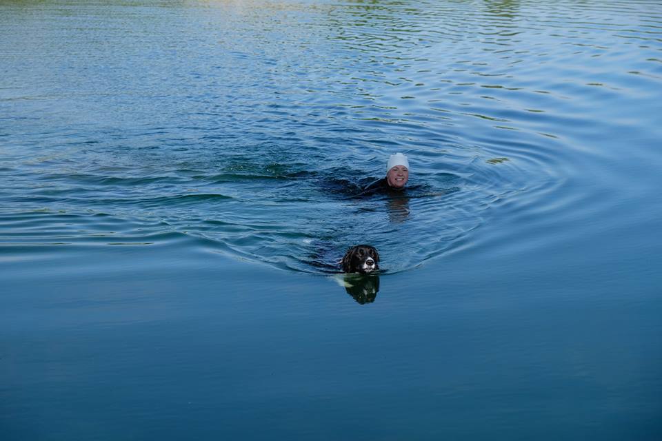 Human and dog swimming in a lake, designed for safe swimming
