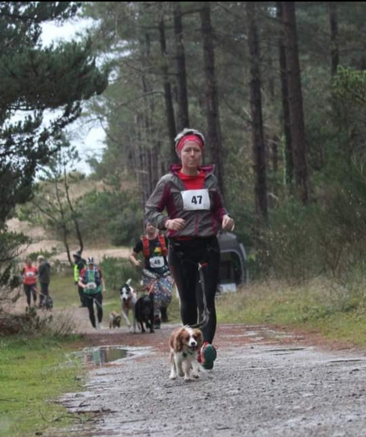 Michelle running with her Cavalier King Charles Spaniel on a forest track in Anglesey