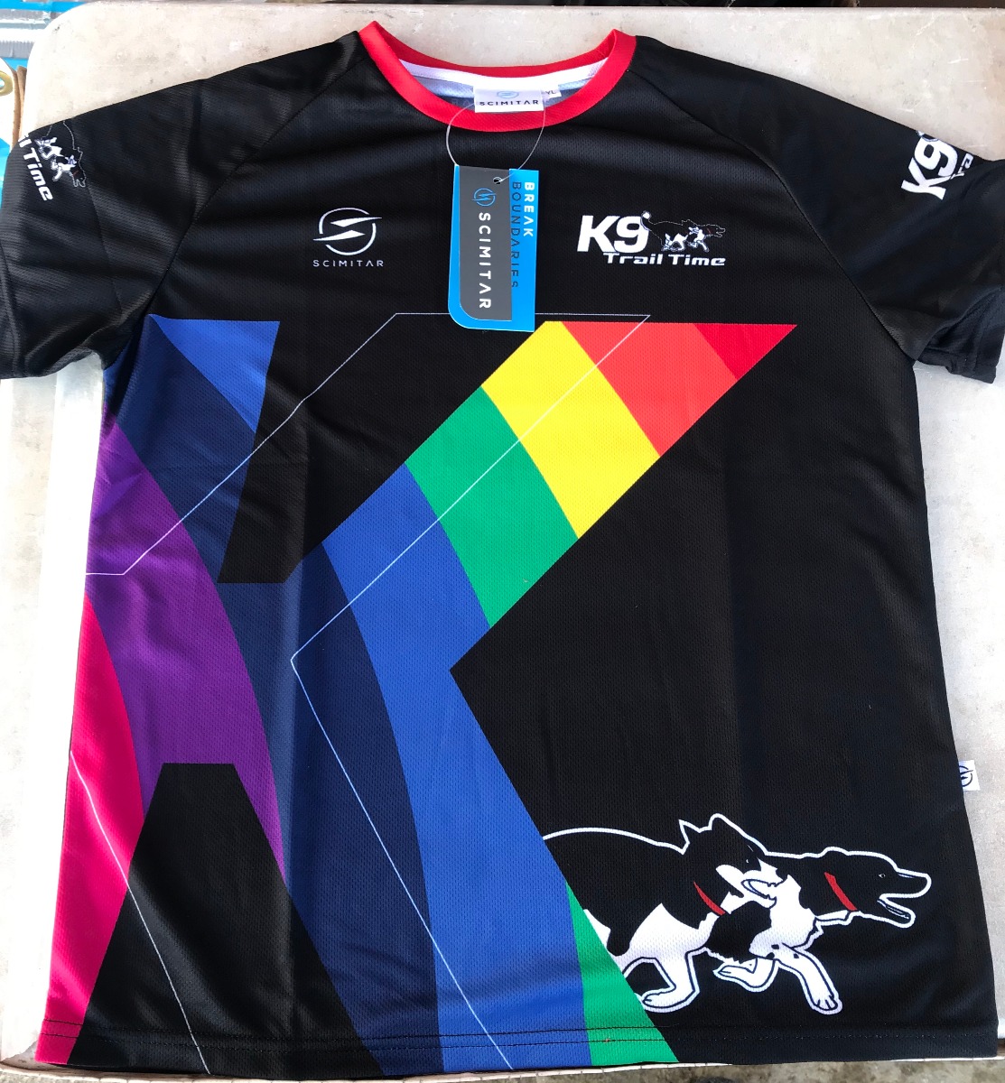 K9 Trail Time Rainbow Technical T-Shirt available in a wide range of sizes designed by Scimitar Sports and can be used for running, biking, walking and any general leisure activity.